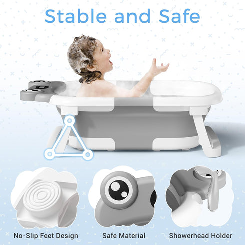 0-24 Baby Bathtub, Collapsible Newborn Bathtub for Infant to Toddler Months with Soft Cushion and Thermometer,Portable