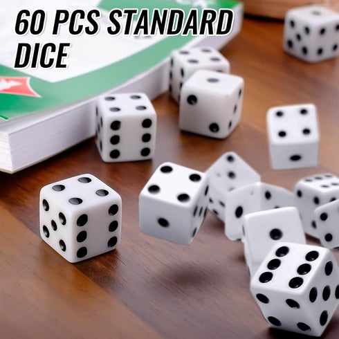60 16mm Set, Rerdeim Pieces Standard Dice, Bulk White Opaque Black Pips Six Sided Dice for Rolling, Group Event, Board