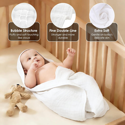 3 Pack 100% 32x32 Inch Sunny zzzZZ Muslin Hooded Baby Bath Towels - Cotton Soft Low-Saturation Pastel Towels Including