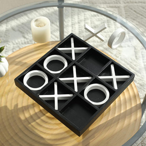 FUIN Wood Tic Tac Toe Decorative Board Game Set, 12" x 12", Black and White Coffee Table Decor