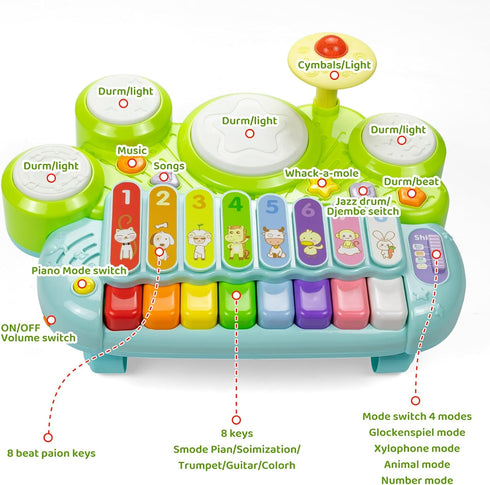 Marstone Musical Toys for Toddlers 1-3, Baby Piano Keyboard for 1 Year Old, Xylophone Drum Set Music Toys with Lights