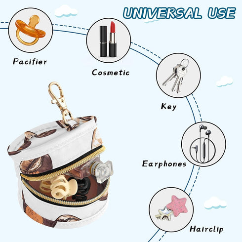 PYBUG Coffee Bean Round Pacifier Storage Case, Polyester & TPU Lined with Hook Buckle, Pacifier Container Box for Baby