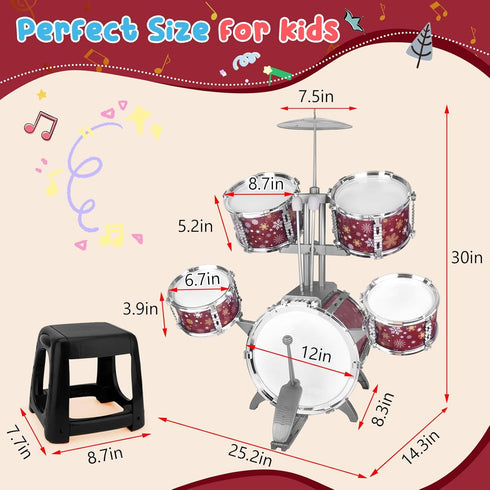 Set 3-5 4-6 5-7 Kids Drum for Toddlers Musical Jazz Drum with Stool Toys for Boys Girls Birthday, Red