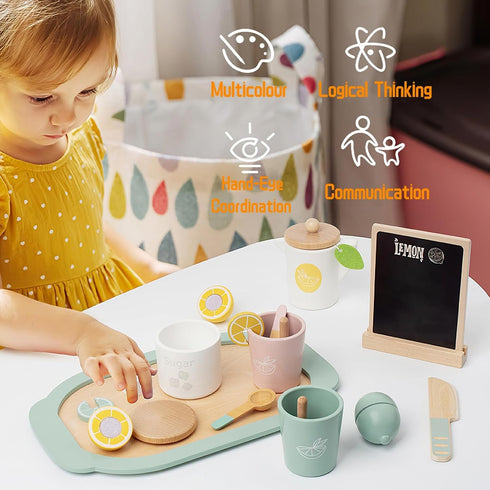 MIKNEKE Set Set Sets Wooden Tea Party for Little Girls Toys, Pretend Play Kids Tea for Toddlers Wood Toys, Wooden Play