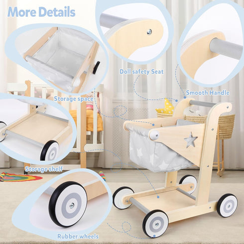 2 1 Asweets in Wooden Baby Walker Push and Pull Doll Stroller, Shopping Cart Learning Walker for Boys and Girls, Sit