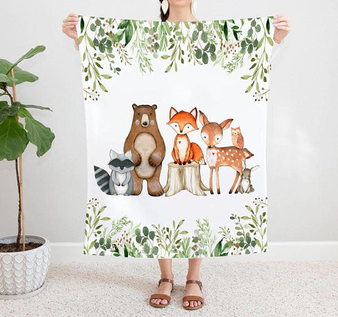 Popfavors Woodland Baby Blanket, Greenery Forest Crib Bedding, Newborn Swaddle, Monthly Milestone for Boy Girl,