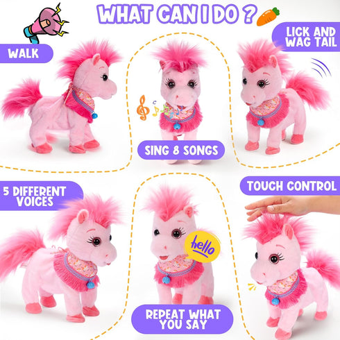 Ylpaprm Set 3+ Pink Walking Pony Interactive Talking Singing Dancing Horse Walk Along with Remote Control Leash Plush