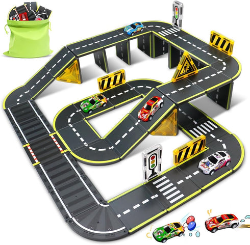 Magnetic Road Set with Traffic Sign Toys, STEM Magnetic Building Blocks, Creative