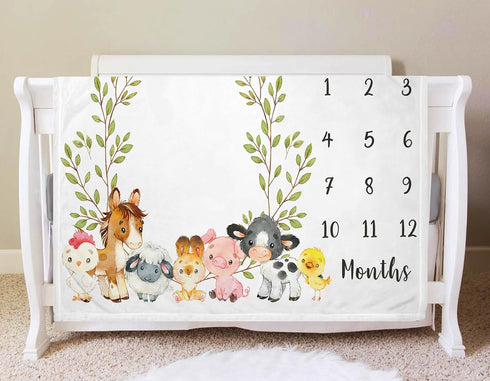 Farm Animals Milestone Blanket, Baby Growth Chart Monthly Blanket, Watch Me Grow for New Moms, 50"x40"