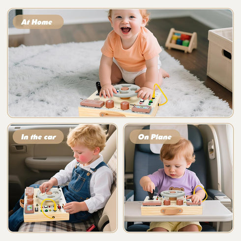 1+ Joyreal Toddler Busy Board with LED Lights, Steering Wheel, Sounds, Montessori Toys for Year Old, Fidget Board