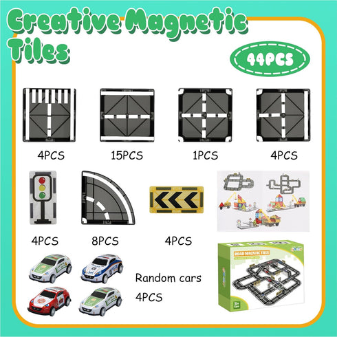 Set Pullback 4-8, Magnetic Tiles Road with Car, Magnetic Blocks for Kids Ages Magnet Tiles for Preschool STEM Building