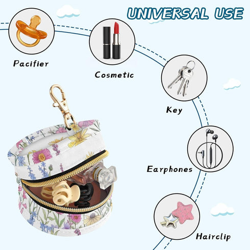 YETTASBIN Herbal Wildflowers Portable Pacifier Holder Case with Metal Hook Buckle & Zipper for Diaper Bag and Stroller