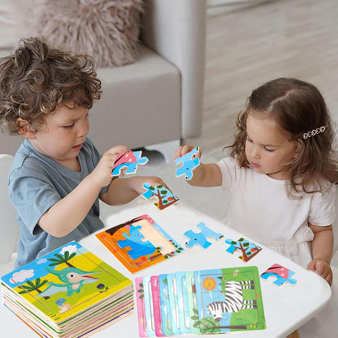 12 Pack Mini Wooden Animal Jigsaw Puzzles for Kids Ages 2-3, 9 Pieces Educational Travel Toys Gift