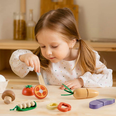 Set, ROBOTIME Wooden Play Food Cutting Vegetable Pretend Play Toy Food for Play Kitchen with Shopping Bag Kids Kitchen