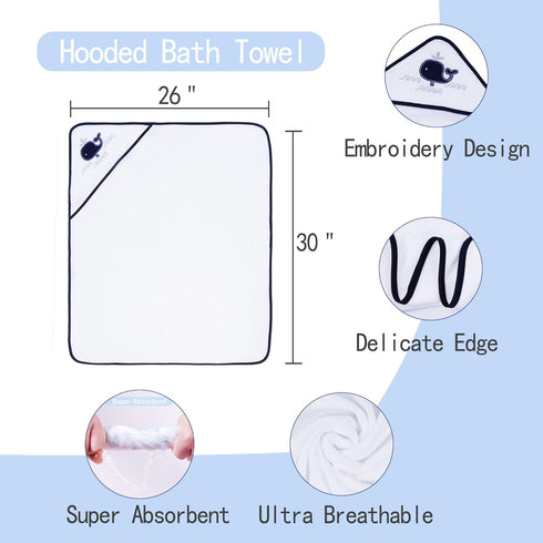 Set, 5 (6 Viviland Baby Towels and Washcloths, Soft Absorbent Baby Boy Bath Towel Whale Hooded Towels with Infant