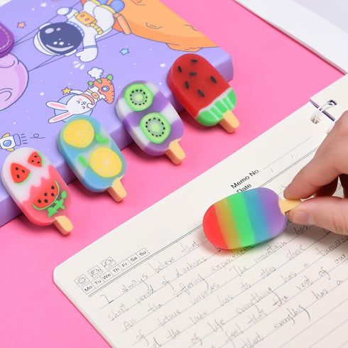 DOMG 16Pcs Ice Cream Erasers for Kids, Cute Fruit Shaped Fun Food Erasers for Classroom Rewards and Party Favors