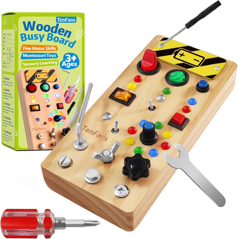 TenFans Wooden Montessori Busy Board with LED Light Switch, Sensory Toy for Toddlers 3+ Year Olds