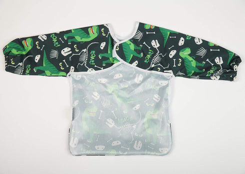 Baby Bib Long Sleeved Shirt with Pocket - Toddler for Boys 1-3 Years Old, Green Dinosaurs