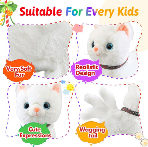Marsjoy Set White Leash Walking Cat Singing That Purrs and Meows Animated Plush Robot Kitten Pet Moving Plush Realistic
