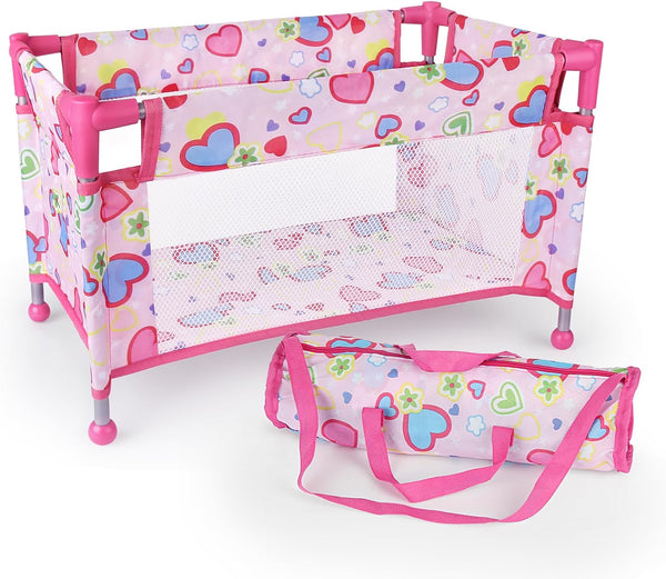 Toy Baby Doll Crib for 18'' Dolls, Cute Pink Heart Designed Baby Doll Bed with Carry Bag, Doll Furniture for Girls