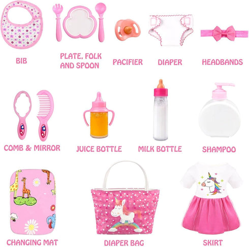 BNUZEIYI Baby Doll Accessories - Feeding & Caring Set with Diaper Bag & Bottles for Girls, Fits 14-16 Inch & 18 Inch