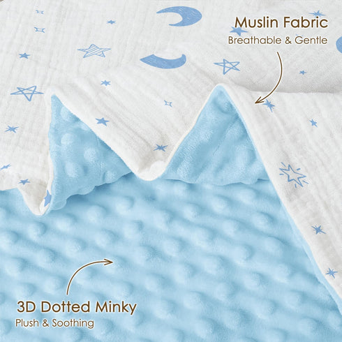 30x40 inches, Star Moon Baby Blankets for Boys Girls, Soft Nursery Minky Blankets with Muslin and Dotted Fleece Back