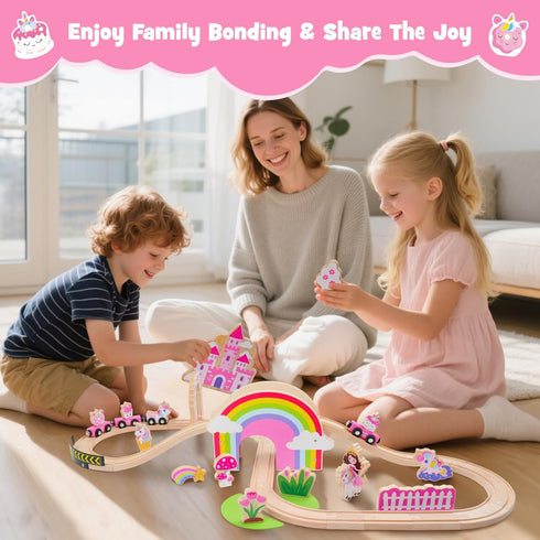 Set 43PCS Sets SIMPLIPLAY Wooden Train - Unicorn Magnetic Toy Train with Wooden Train Tracks & Bridge for Girls