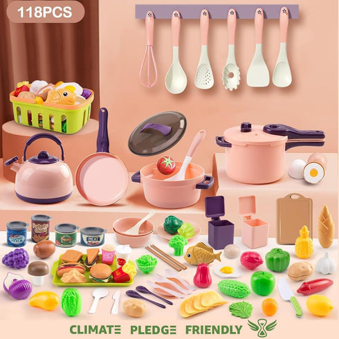 118Pcs Playset 2 Sets, Mini Play Kitchen Accessories for Kids, Pretend Cooking with Cookware, Tableware & Fruit