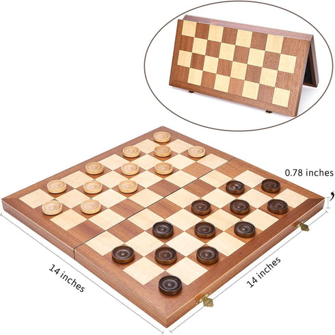 VAMSLOVE 14inch Checkers Folding Wooden Game Set, Classic 8x8 Checkerboard with Pieces Storage Slots (Instructions