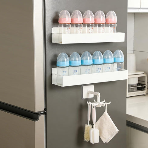 WAKCCIL 2 Pack Magnetic Baby Bottle Organizer for Refrigerator, Space-Saving Metal Storage Rack with Rotating Hook