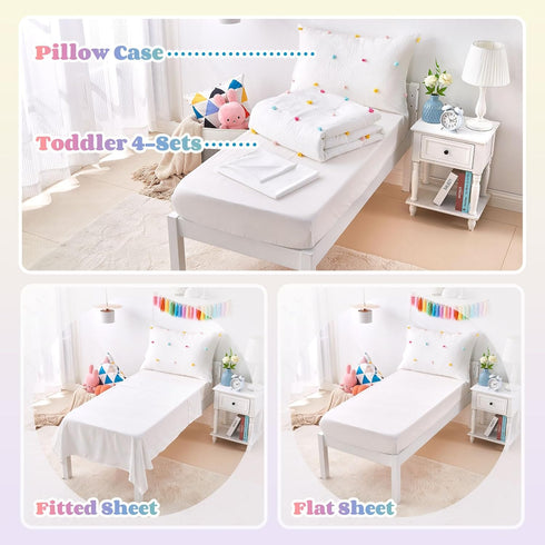 4 Sets Set Set Piece White Boho Toddler Bedding for Girls Colorful Pom Pom Comforter Jacquard Tufted Dot Crib Bed