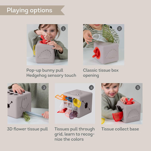 Taf Toys Baby Tissue Box Montessori Toys for Babies - Silicone Sensory & Motor Skills Development Toy with 10 Fabric
