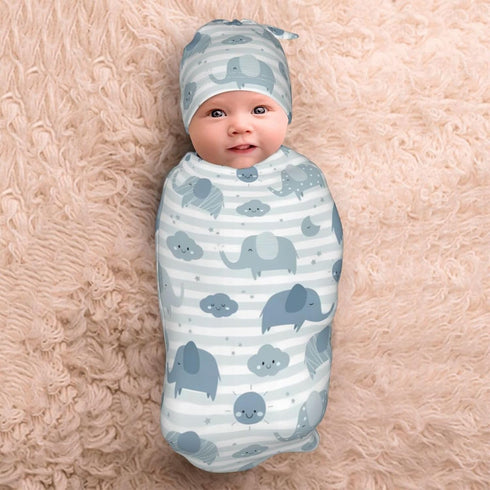 Lcokin Set Cute Elephant Baby Stuff Swaddle Blanket Hat for Boys Girls, Soft Newborn Swaddle Wrap Receiving Blanket