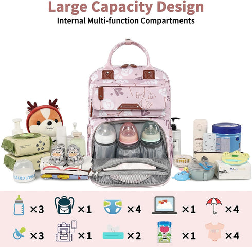 Backpack Diaper Bag for Baby Girl, Multifunction Waterproof Diaper Bag for Mom Dad, Large Pink Floral Baby Diaper Bags