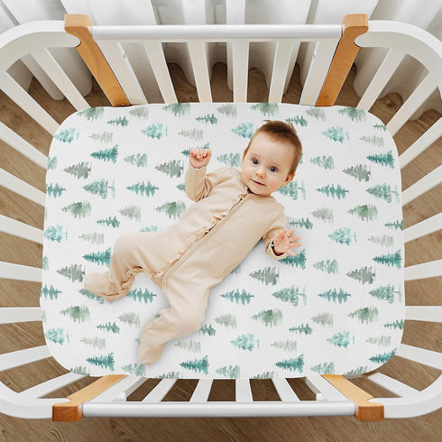 CHUROUSY 28x52 Inch Green Rustic Fir Tree Crib Sheets for Boys Girl Watercolor Woodland Rustic Forest Pine Trees
