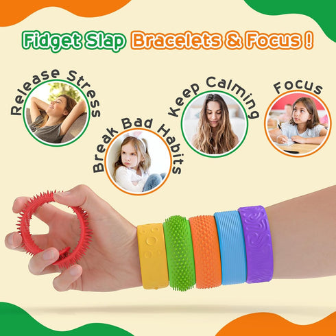 6 Pack Slap Bracelets Textured Silicone Fidget Bracelet for Autism,ADHD,Anxiety Relief Sensory Calming Tools Special