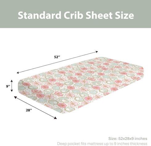 Summer 52"x28" Boho Mermaids Floral Baby Crib Sheets for Boy Girl Beach Seashells Conch Tropical Flowers Soft Snug