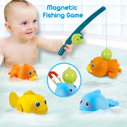 Dwi Dowellin Bath Toys for Toddlers, Magnetic Fishing Games, Mold Free Wind-up Swimming Fish Duck Whale