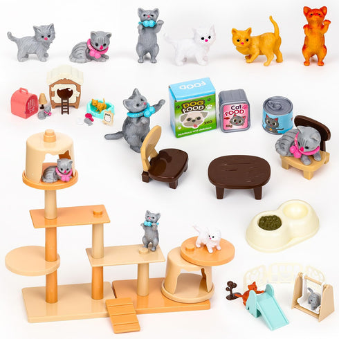43Pcs Cat Figures Playset, Interactive Pretend Play Kit, Realistic Cats Care Center for Girls Boys Age 3 4 5 6+,