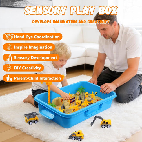 2.2lbs 5 3 4 5 6 7 8+ Construction Sensory Bin with Lid, Magic Sand & Construction Trucks, Sensory Sand Kit