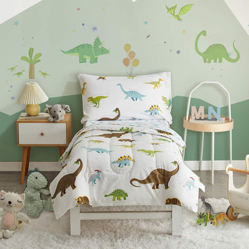 4 Pieces Toddler Bedding Set Dinosaur with Colorful Dinos and Monsters Toddler