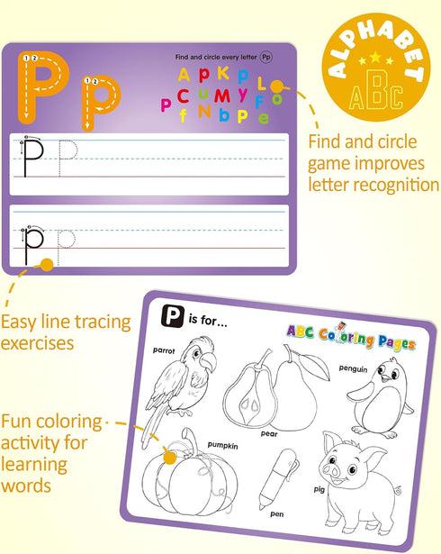36pcs 3 4 5 Coogam Handwriting Drawing Practice Cards, Alphabet Number Painting Coloring with Pens, Double Sided Write