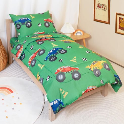 TinyPalsa Toddler Bedding Set, 4-Piece Green Monster Truck Comforter Set for Girls
