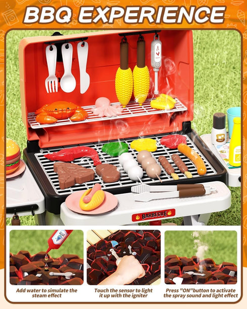 STACTCUTE Playset 60Pcs 3-5+ Set Kids BBQ Grill with Realistic Steam, Sound & Lights - Pretend Play Kitchen Food Toy