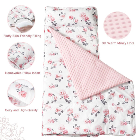 PHF Toddler Nap Mat, Floral Rollup Design with Removable Pillow & Minky Fleece Blanket, 50"x20"x2" for Kids