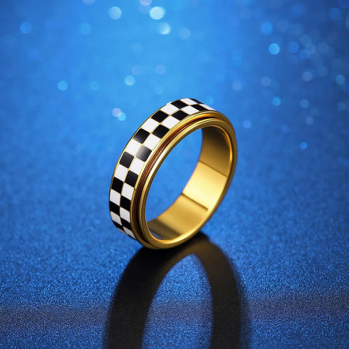 18K Checkered Fidget Spinner Ring for Adults, Gold Plated Stainless Steel Rotating Anxiety Relief Jewelry Gift
