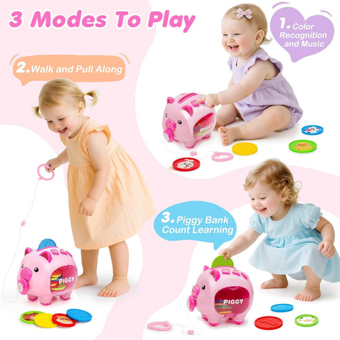 1 Counting 6-9-12-18 1-3 Piggy Bank for Kids, Toddler Toys for Year Old Girl, Musical Number & Color Learning Coin