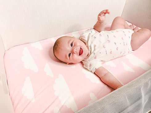 BaeBae Goods Set 4 Pack 100% Premium Bassinet Fitted Sheet - Jersey Knit - Standard Size Oval or Halo Bassinet Pads