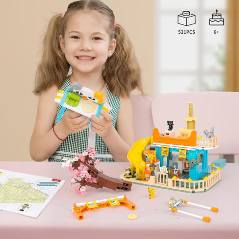 QLT QIAOLETONG Cute Cat House Toy Building Set for Girls 6-12, 521 PCS Friendship House Kit Compatible with Lego