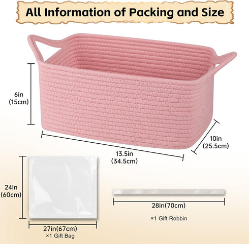 OIAHOMY Woven Basket, Gift Basket Empty with Gift Bags and Ribbons, Rope Basket for Baby Showers, Storage Basket with Handles for Nursery, Pet Toy Basket - Pink